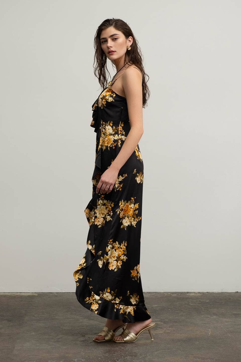 Image of Floral Sleeveless Ruffle Wrap Maxi Dress